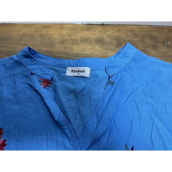 Anthropologie Kindred 1X Blouse Blue Embroidered Boho Peasant - Picture 3 of 10